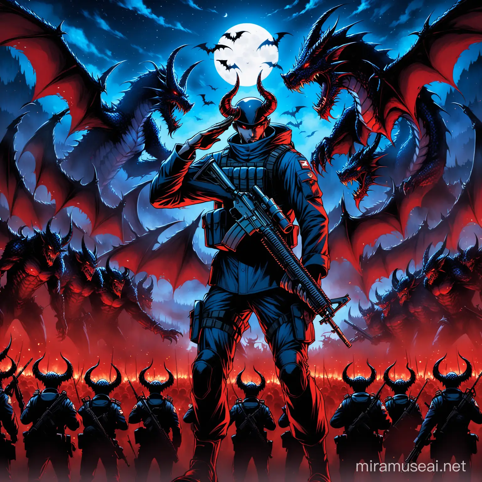 Demon Soldier Saluting Amidst Army with Blue Dragon in Night Sky