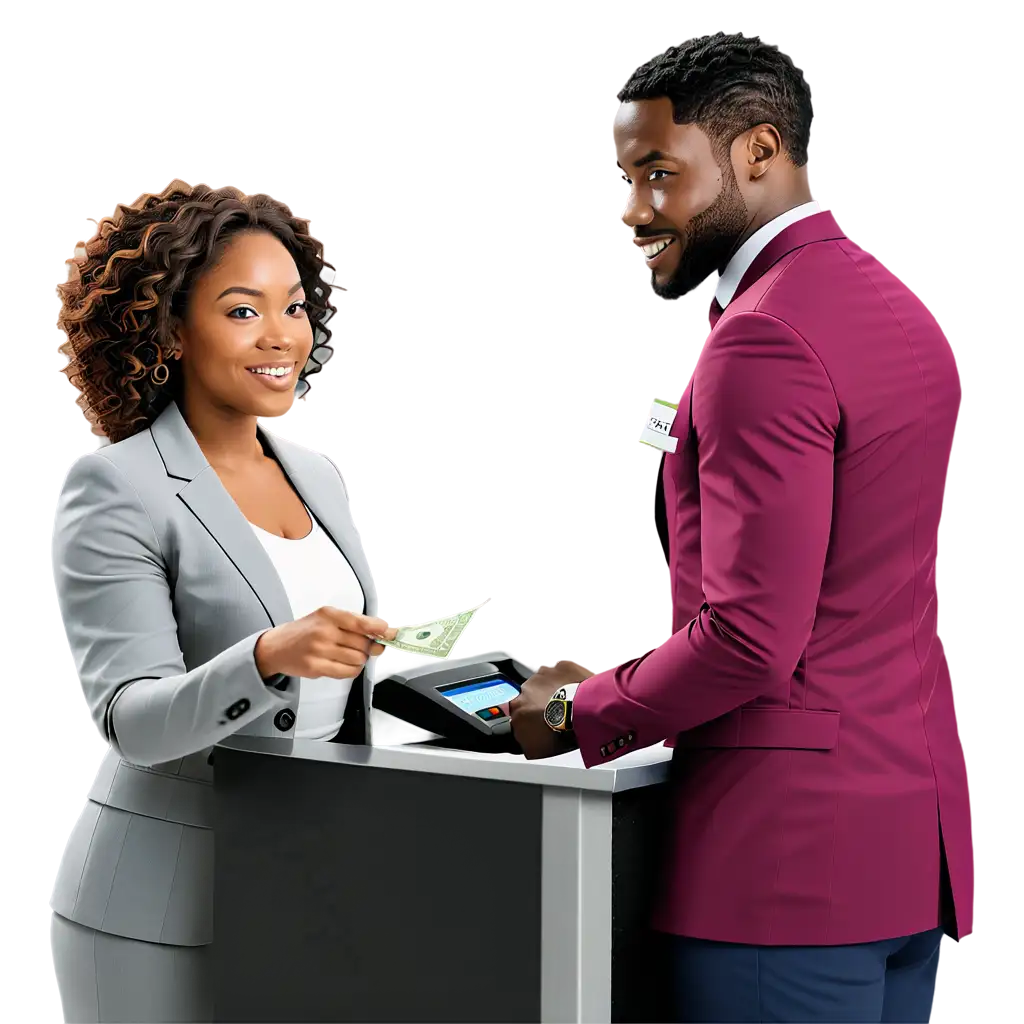 Black man standing infront of a black woman cashier over a bank counter counting money

