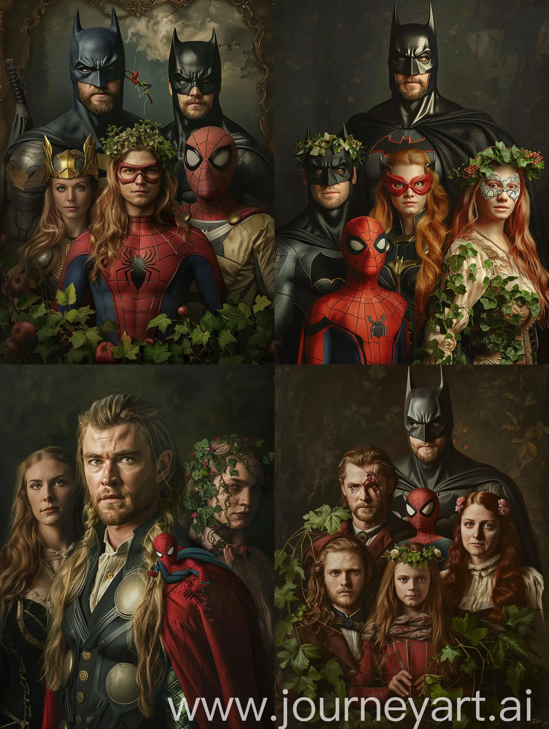 Hyper realistic portrait of Superheroes in the 19th century, Thor, Batman, Spider-Man, Poison Ivy