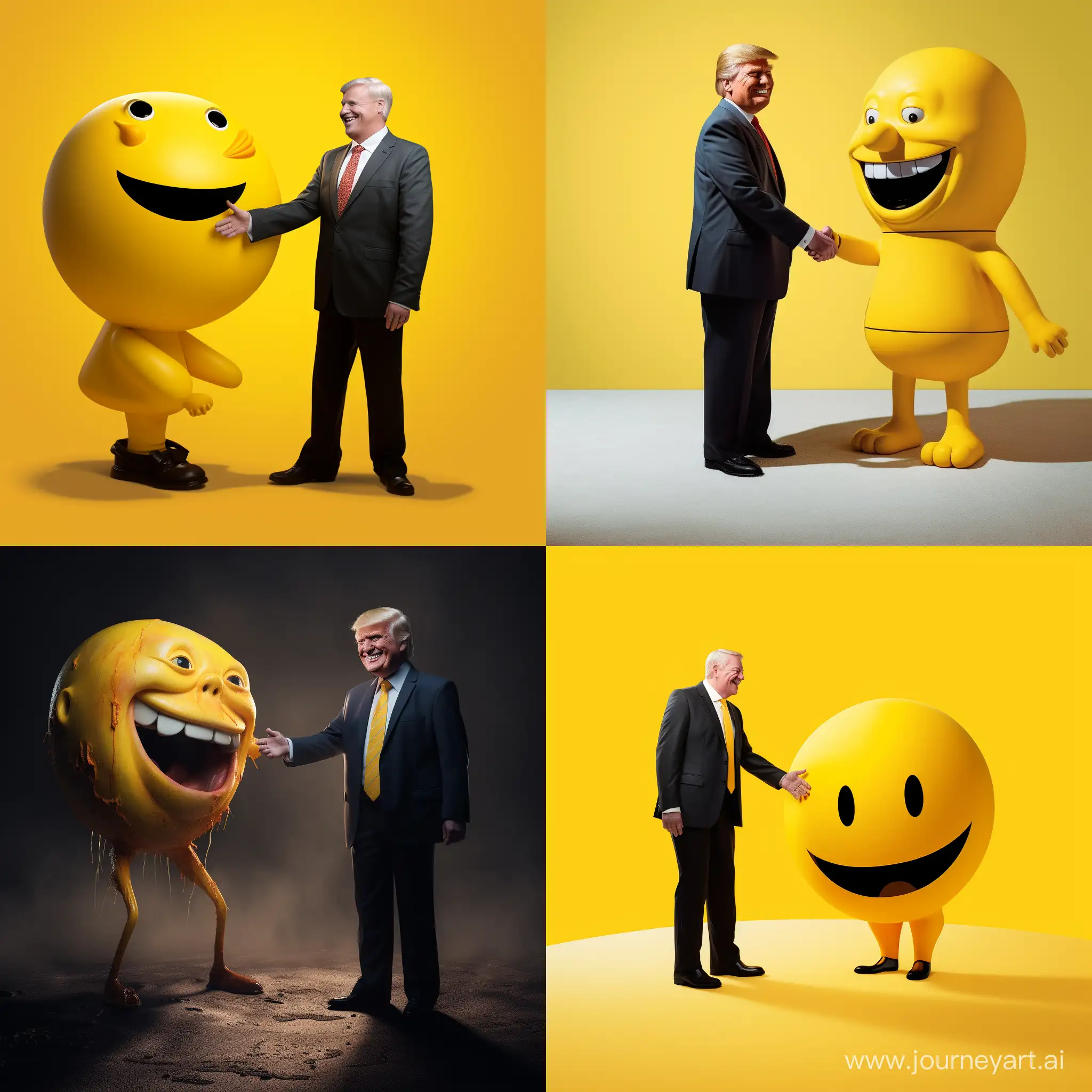 smiley figure shaking the hand of donald trump