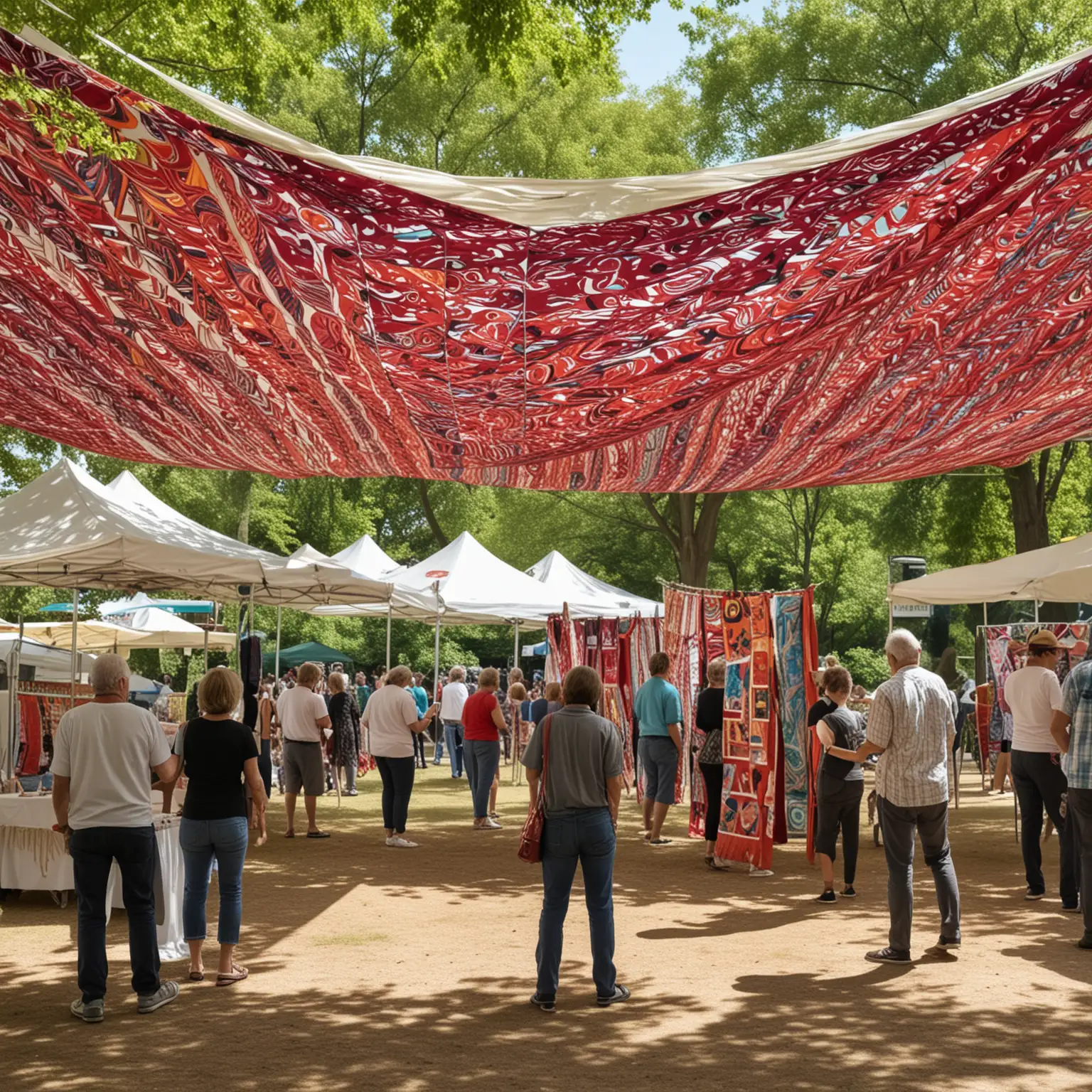 people enjoying the textile art exhibition at the local park art fair under a large canopy. 