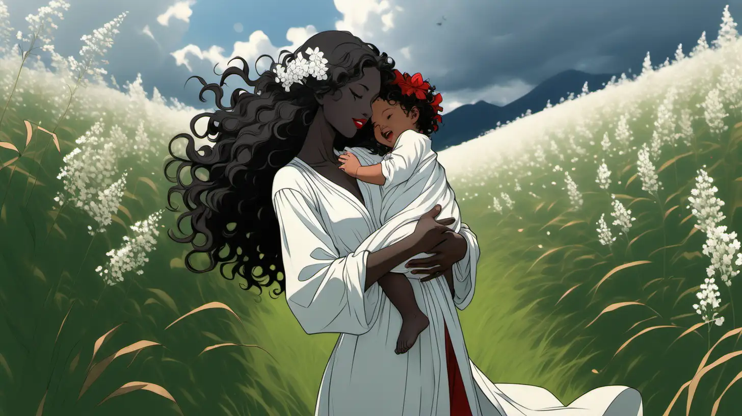 Joyful Anime Silhouette Grecian Mother and Infant in Enchanting White Fields
