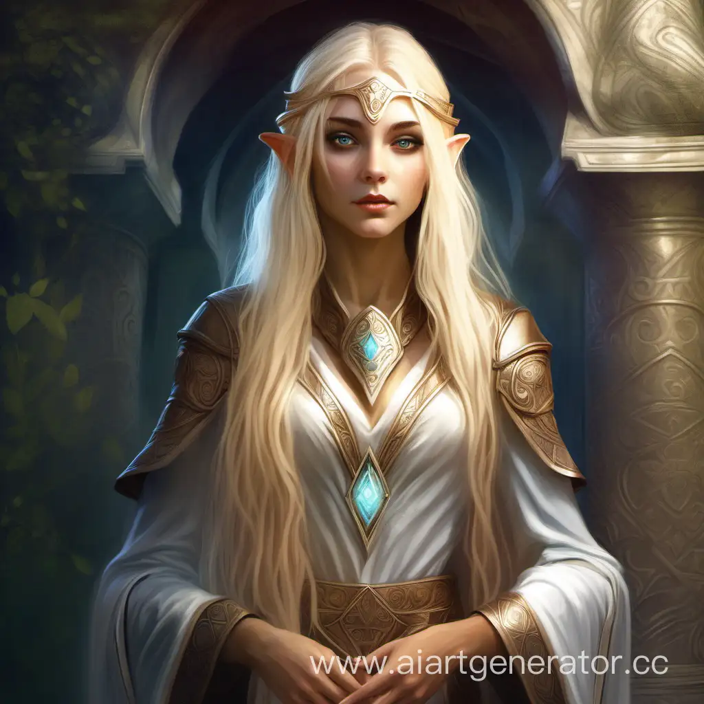 Молодая эльфийка с длинными светлыми волосами, благородная жрица