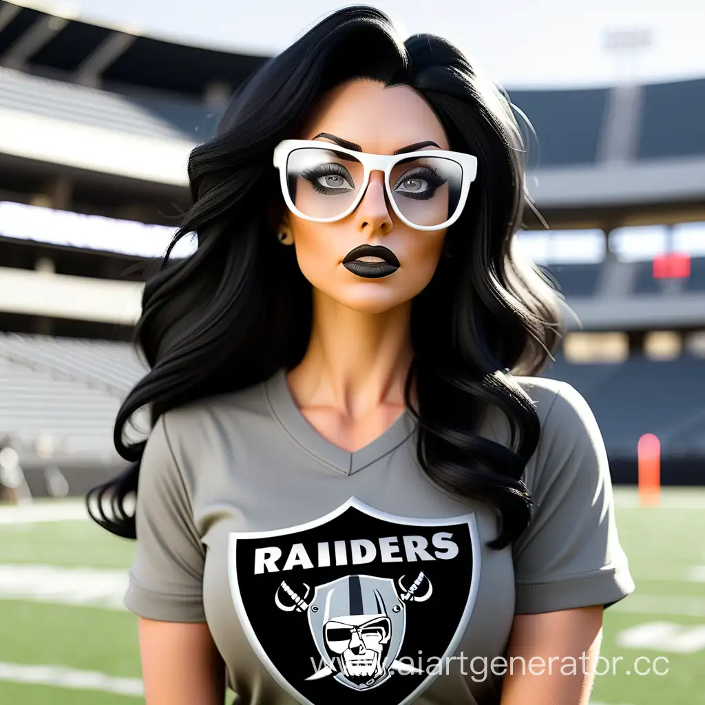beautiful woman,black hair, las vegas raiders shirt, staying on football field, football, tinted glasses