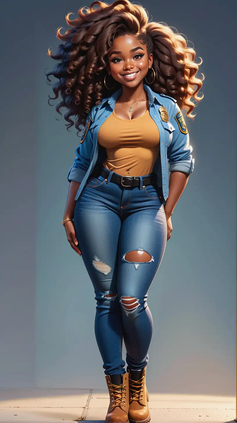 A sassy thick-lined abstract art style cartoon image of a black girl standing in police ersey with tight blue jeans and timberland boots. behind her curvy body. Looking up coyly, she grins widely, showing sharp teeth. Her poofy hair forms a mane framing her confident, regal expression. Prominent makeup with hazel eyes. Hair is highly detailed.