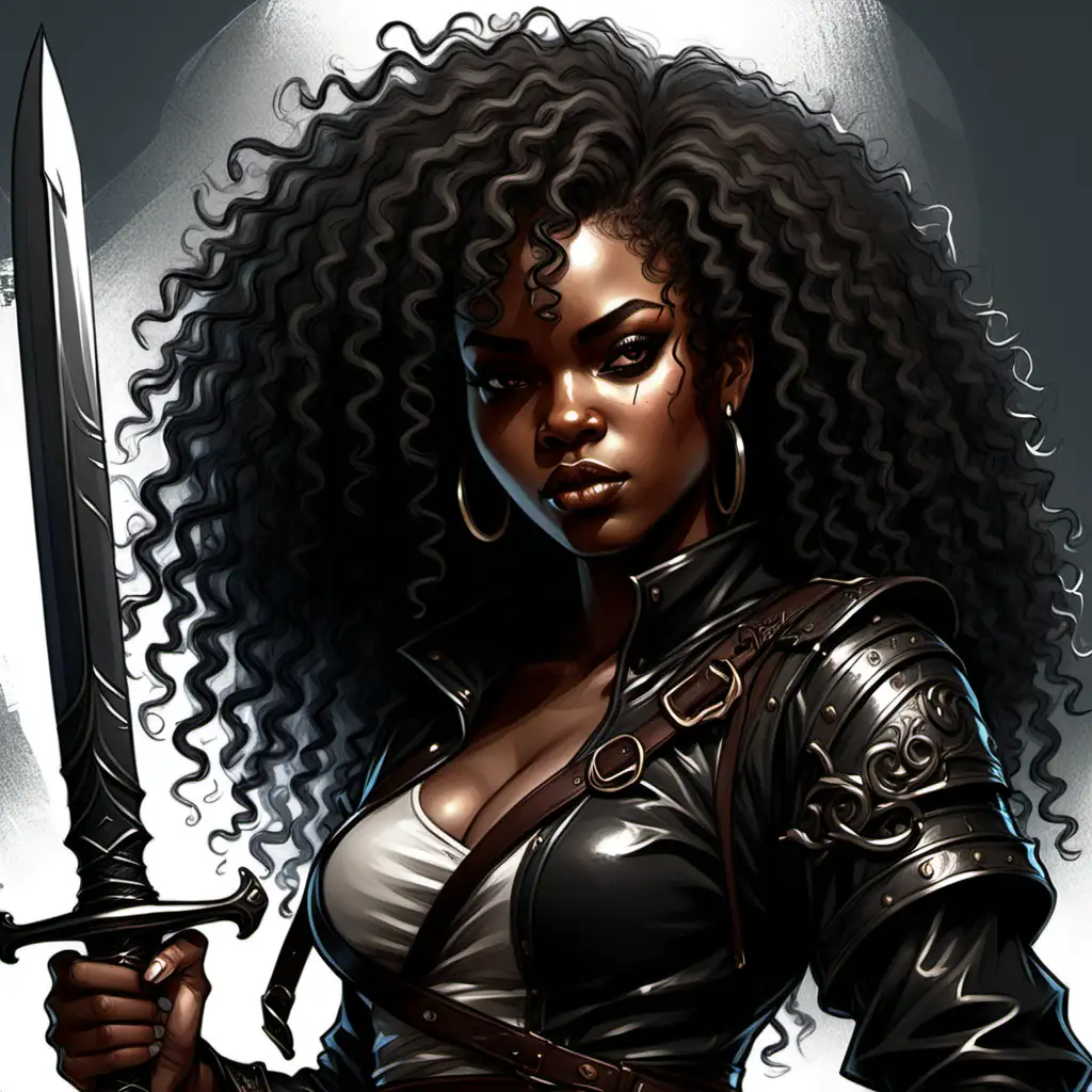 textbook urban fantasy sketch of a curly haired black woman with a black sword