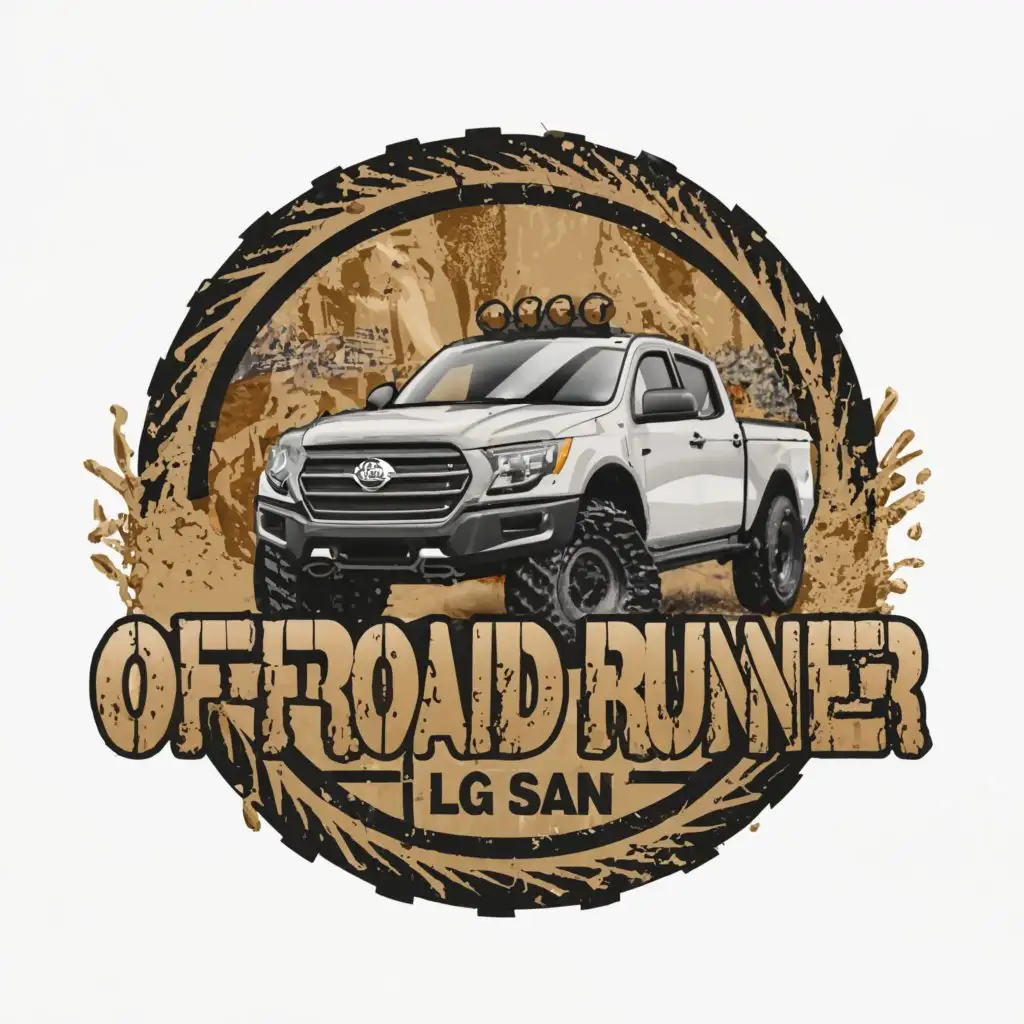 a logo design, with the text OFFROADRUNNER LG SAN, main symbol:MUDDY TRUCKS, MUD, OFFROAD MUD, MUDDY LOG, MUDDY ROAD, BIG TRUCK complex, to be used in Automotive industry, MUDDY background