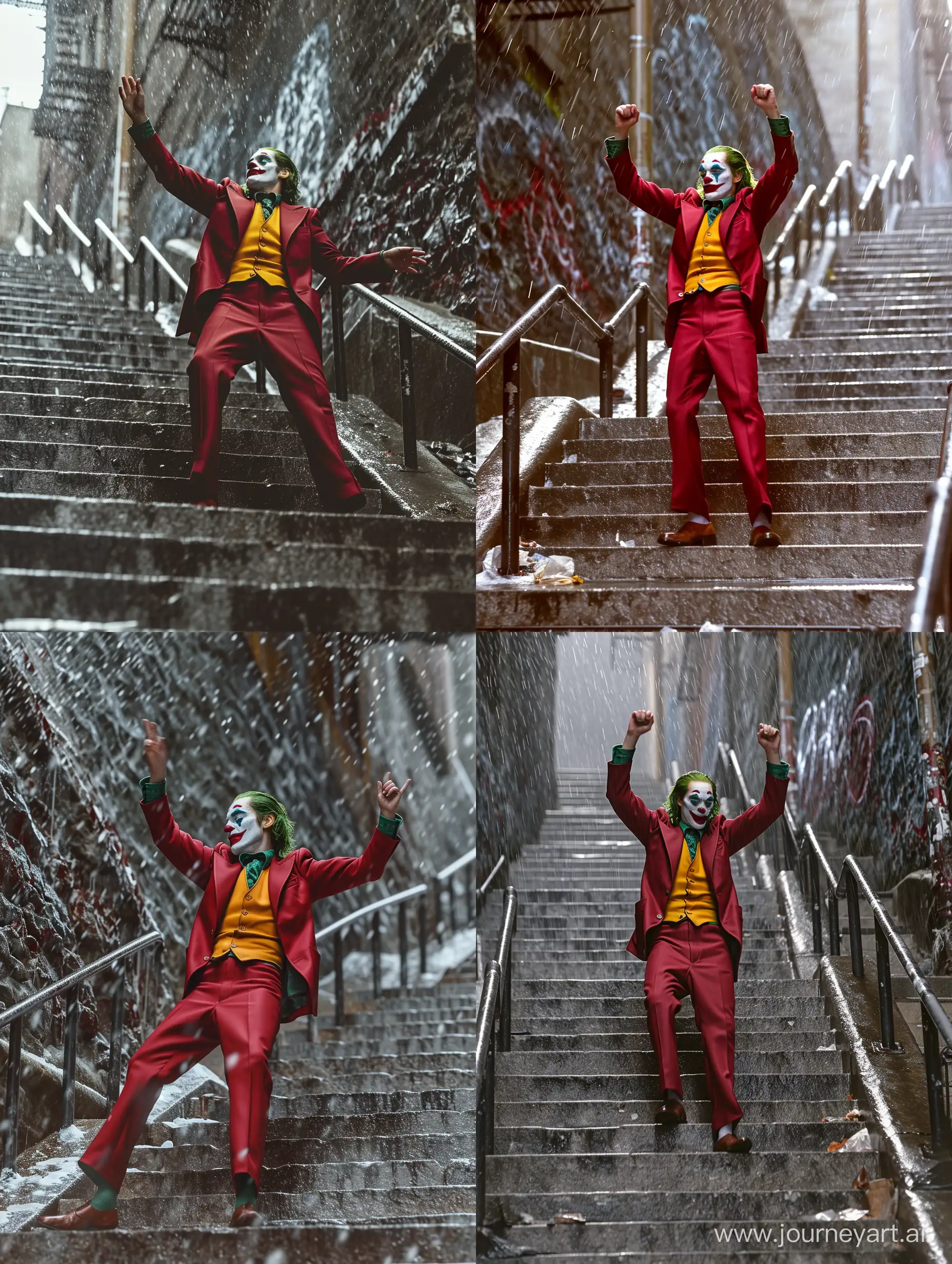 Ryan Gosling is Joker, Dancing on the stairs, it's raining lightly, shot from the movie, cinematic, photorealistic, ultra-detailed, 4k