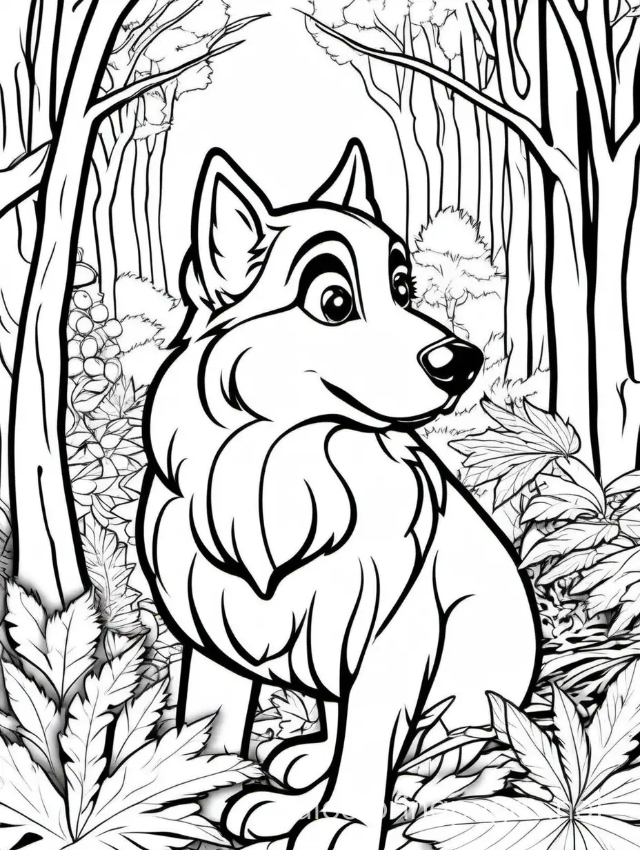 but utonagan dog in the woods, Lisa Frank style, Coloring Page, black and white, line art, white background, Simplicity, Ample White Space. The background of the coloring page is plain white to make it easy for young children to color within the lines. The outlines of all the subjects are easy to distinguish, making it simple for kids to color without too much difficulty., Coloring Page, black and white, line art, white background, Simplicity, Ample White Space. The background of the coloring page is plain white to make it easy for young children to color within the lines. The outlines of all the subjects are easy to distinguish, making it simple for kids to color without too much difficulty