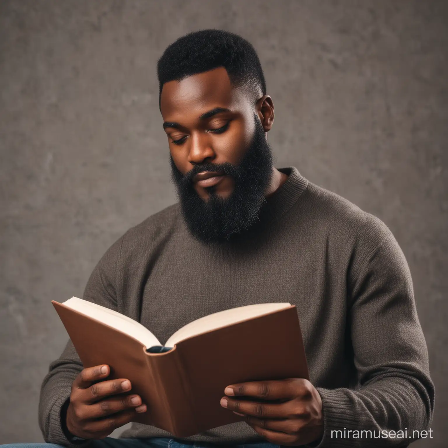 a melanin man with beard reading a book 
