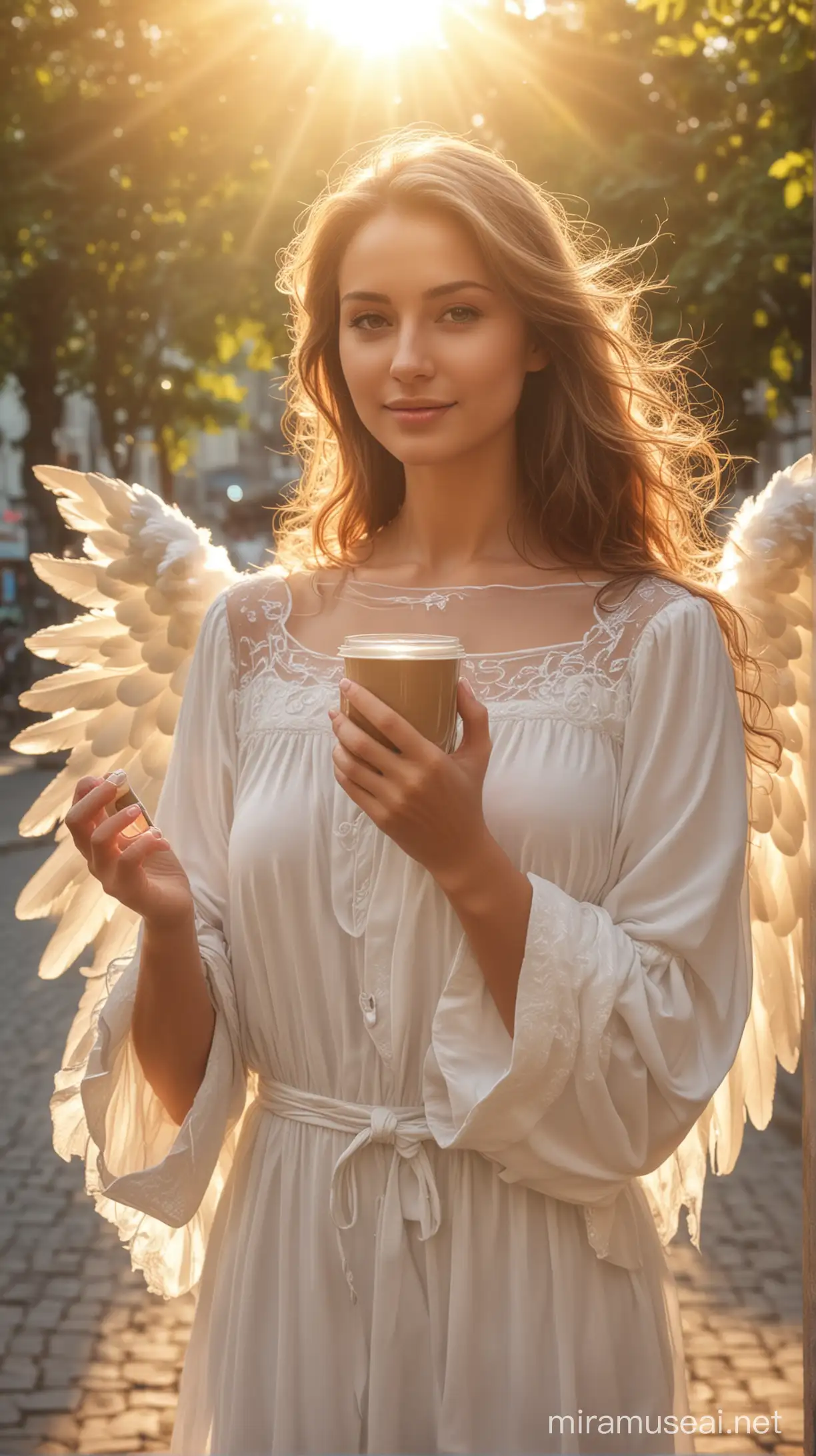 Beautiful Angel women and holding coffee on hand, natural background, sun light effect, 4k, HDR, morning time weather