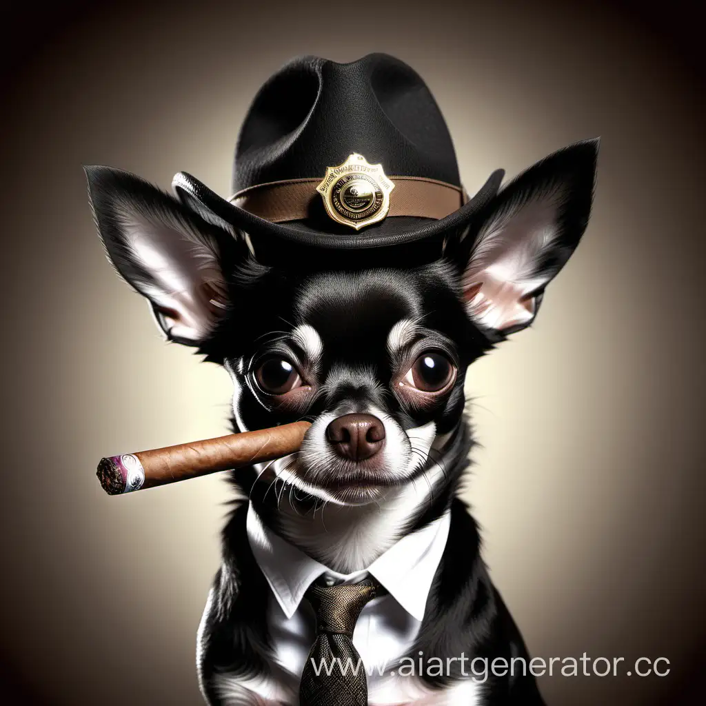 Чёрный чихуахуа с белым пятнышком на голове в шляпе,как детектив, и с сигарой во рту