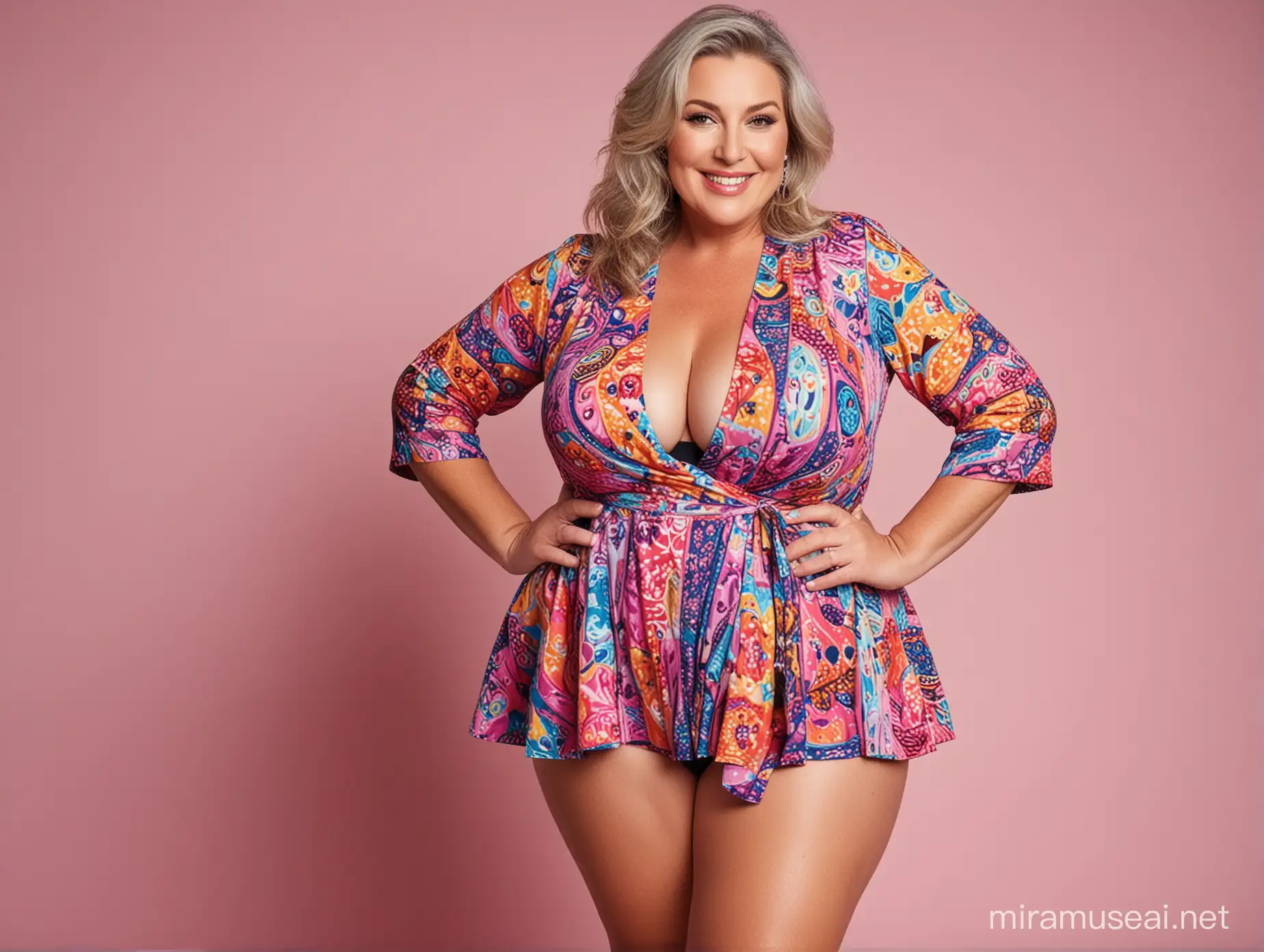 Plus size women aged 50, wearing colorful revealing clothes, beautiful, curvy.