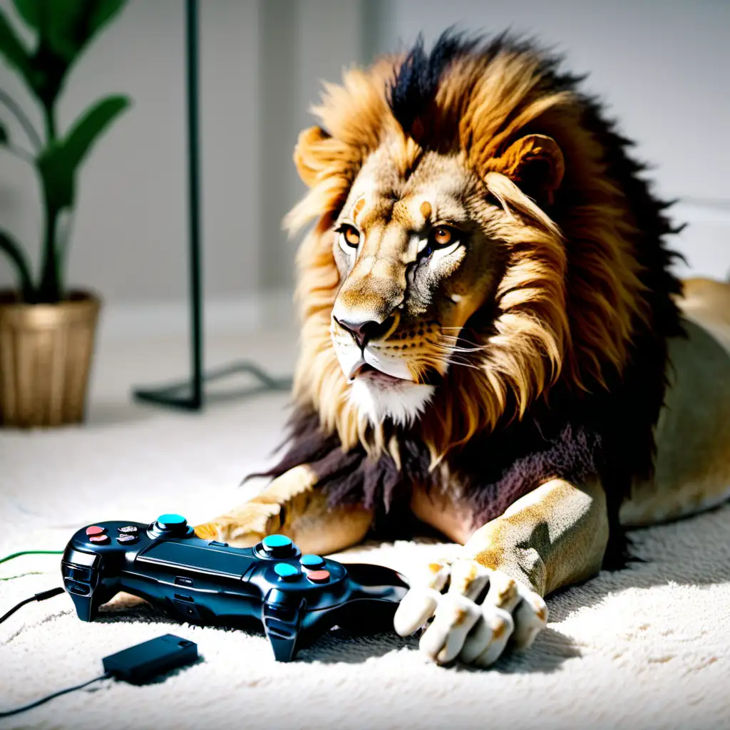 Lion Engrossed in Video Game Fun