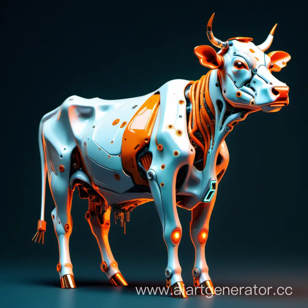 киберпанк корова сделанная нейросетями. Цвет белый и оранжевый