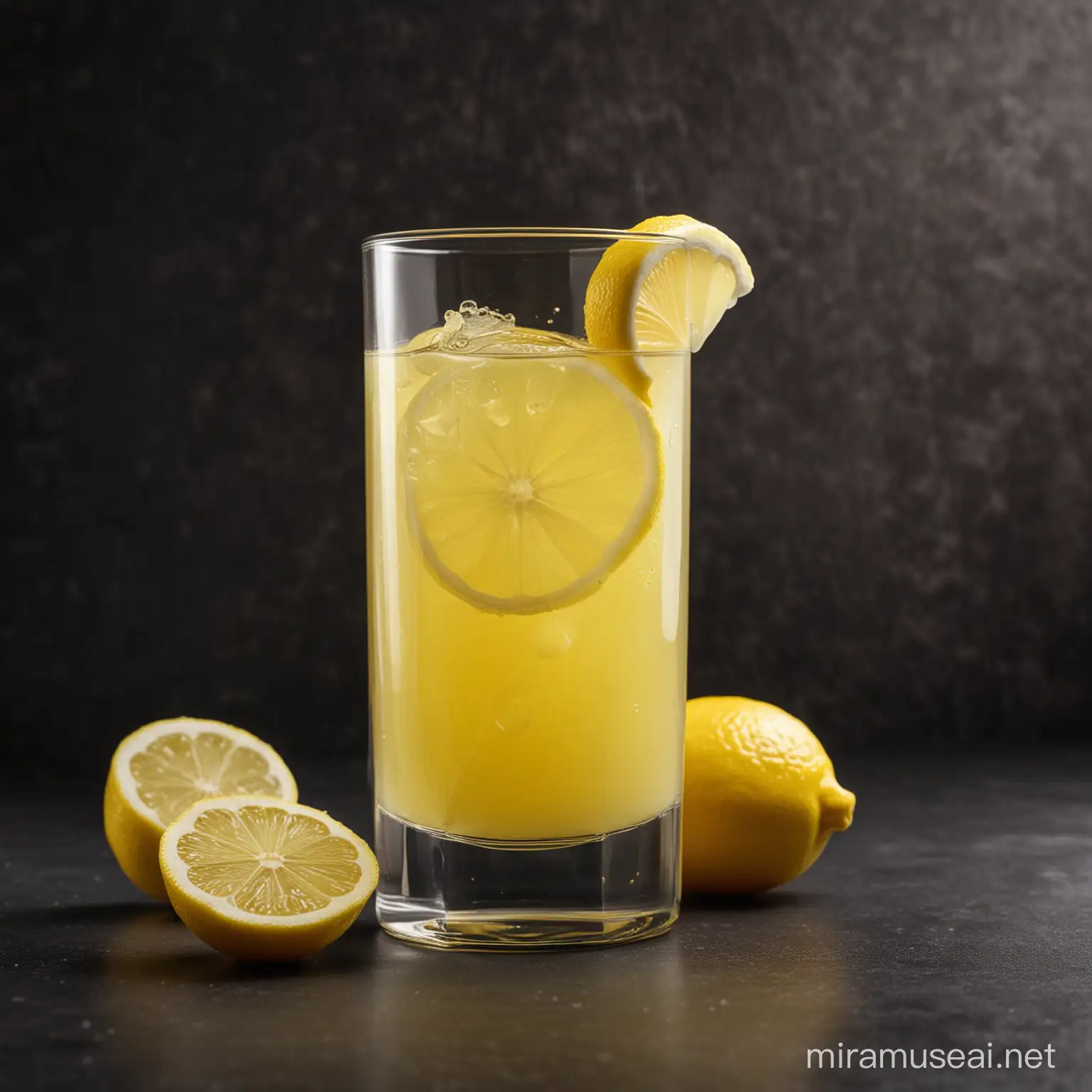 "Create a description for the image with the following data: The image contains a glass filled with lemon juice, next to the glass is a lemon that was made from lemons. There is a dark background in the background