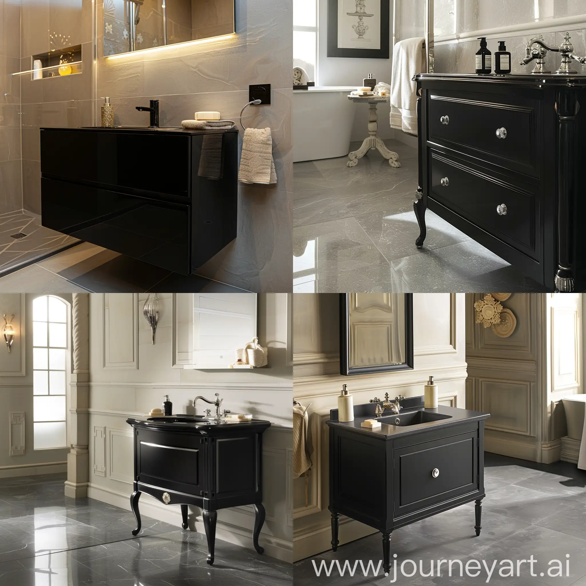Modern-Bathroom-with-Black-Sink-Cabinet-and-Cream-Decorations-in-Warm-Morning-Light