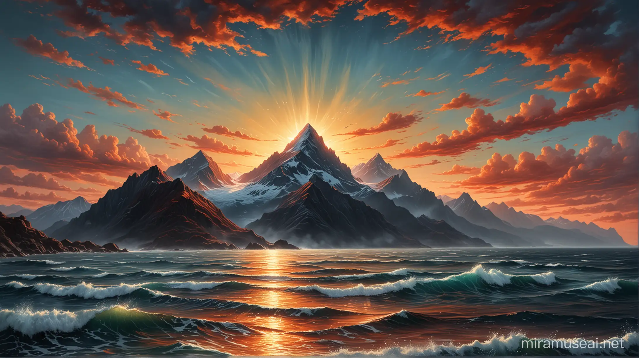 3d digital realistic detailed artist oil painting of a dark sky over the ocean.  Colors of sky are dark teal blue, red, yellow, orange and light blue. The clouds are evenly dispersed..  The Sun is setting over a soft rounded peak mountain range in the middle of the sky and is bright red.  