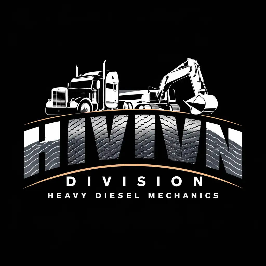 Create a logo for Heavy Division, emphasizing professionalism and expertise in heavy diesel mechanics. Utilize curved text for the business name, with the letter 'O' in 'Division' transformed into a tire tread pattern. Include imagery of a truck and an excavator in the design, symbolizing the core services offered.