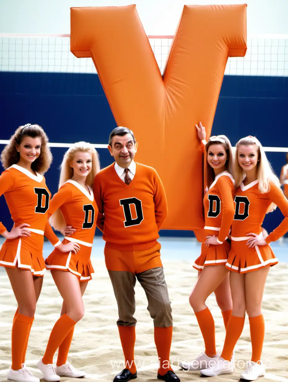 Mr. Bean in an orange volleyball uniform with the letter D on his chest and 4 cheerleaders with pompoms behind him
