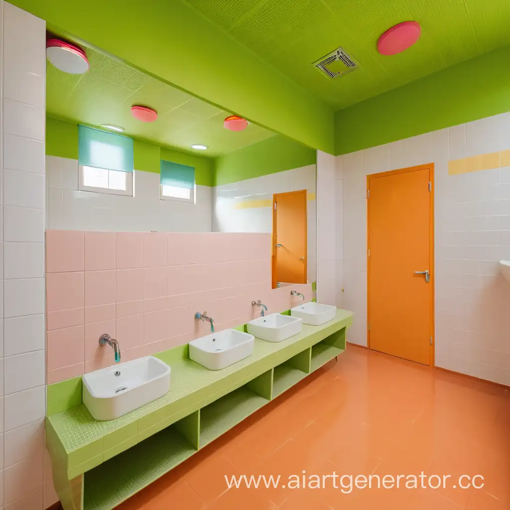 Три раковины в туалете детского сада. плитка на стенах светлая, местами пастельных оттенков. вид спереди