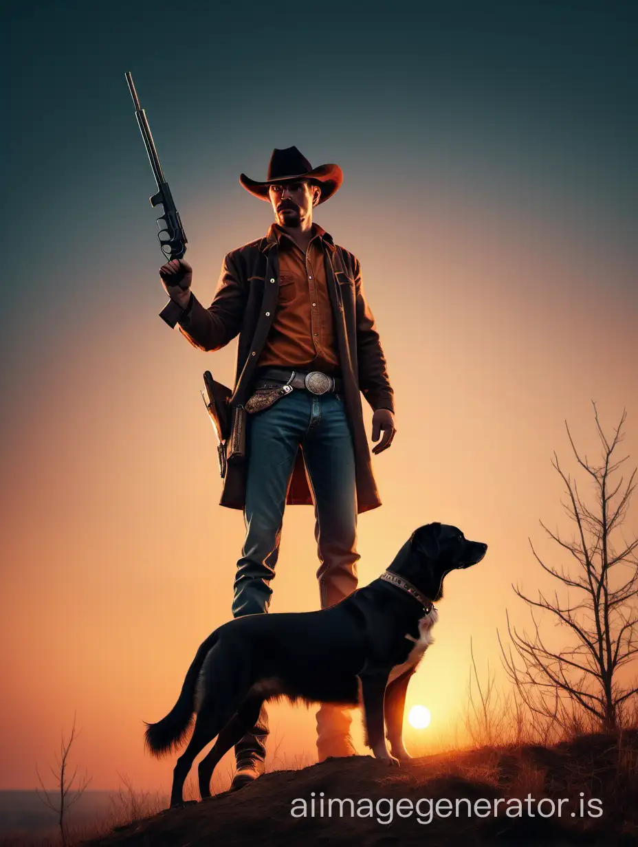 A strong man in a cowboy hat hunter stands on a hill and watches the sunset with a gun in his hand, a dog at the man's feet