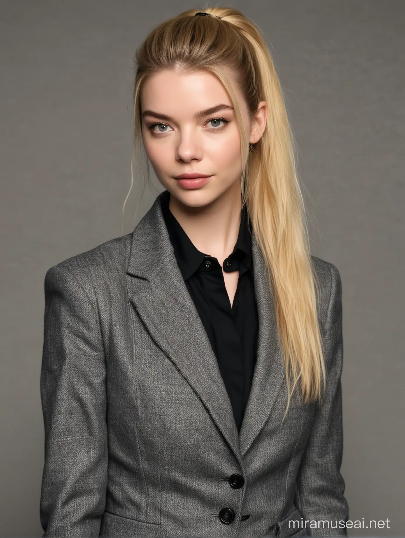 Anya Taylor Joy,long blonde hair tied in a pony tail,black blouse under a gray tweed blazer