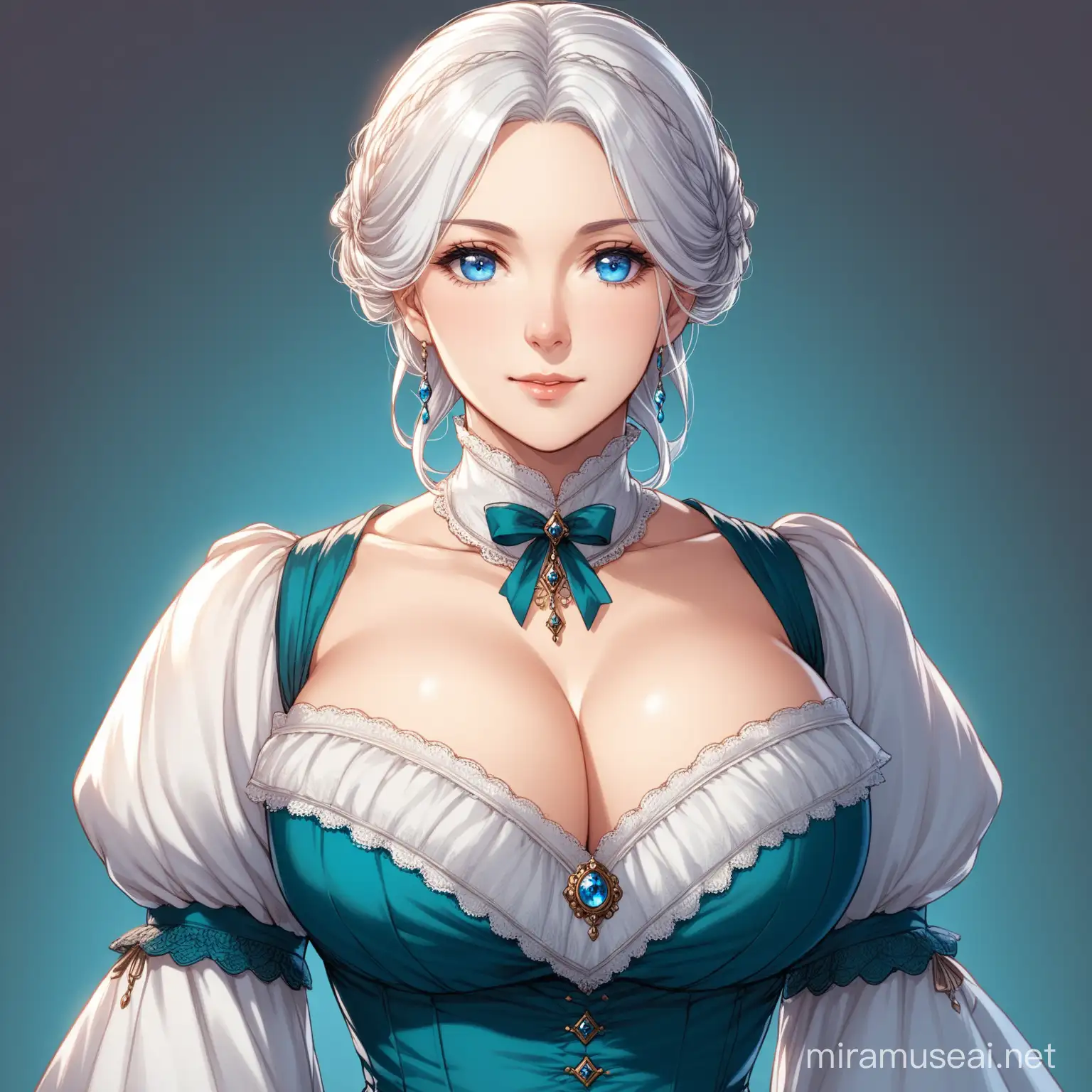 mature woman, white hair, blue eyes, noble, victorian dress, big chest, cleavage, victorian age