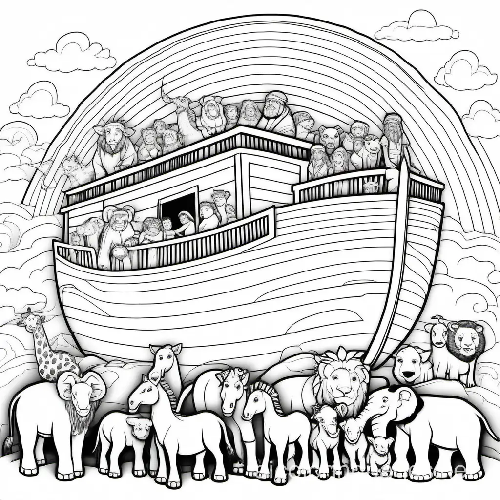 noah's ark with noah and his wife and their 6 children with a rainbow and lots of animals
, Coloring Page, black and white, line art, white background, Simplicity, Ample White Space. The background of the coloring page is plain white to make it easy for young children to color within the lines. The outlines of all the subjects are easy to distinguish, making it simple for kids to color without too much difficulty