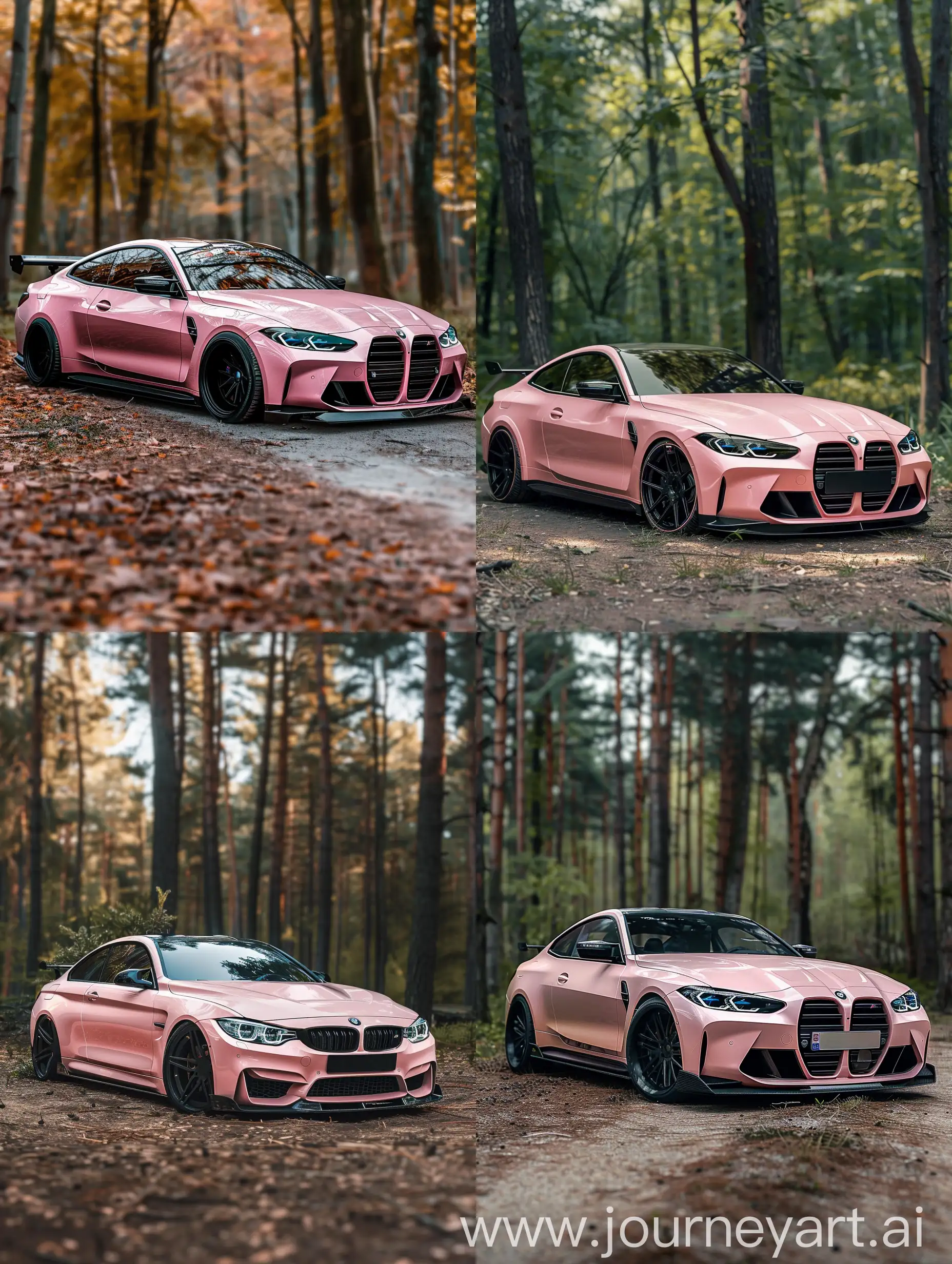 Bmw m4 2024 in roze met zwarte velgen met grote bodykit op wallpaper Instagram style foto in bos snapchat style foto cs m4 realistic 