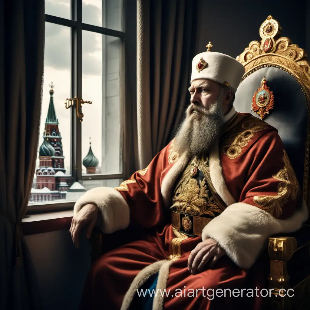 Российский Император с большой бородой сидя на троне смотрит задумчиво на Кремль через окно 