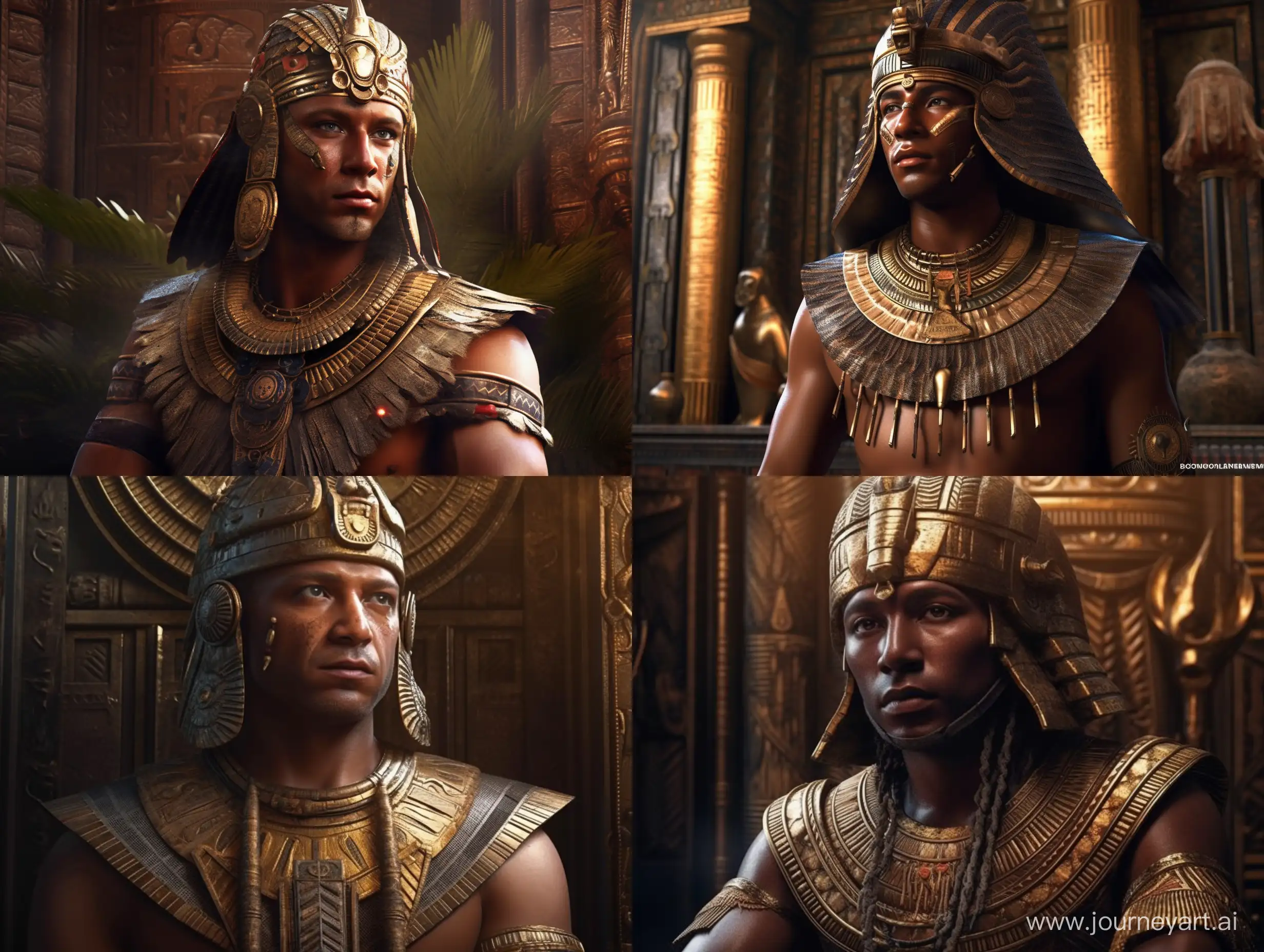 /imagine prompt: A photorealistic portrait that captures the essence of a pharaoh from ancient Egypt. The atmosphere is regal and dignified, with the lighting emphasizing the details of his serious expression and his dress from ancient Egypt. The image has a high quality, with intricate details in the pharaoh's facial features and clothing. The pharaoh is shown in a close-up, with a serious expression on his face as he looks straight ahead. His clothing is ornate and detailed, reflecting the style of ancient Egyptian royalty. The background is simple, with a neutral color that emphasizes the focus on the pharaoh and his features. The composition is elegant, with the focus on the pharaoh and his regal presence. The image is highly detailed, with intricate details in the pharaoh's facial features and clothing that reflect the realism of the 8K resolution. The image has a photorealistic quality that allows for every detail to be seen clearly, making it feel like a real portrait of an ancient pharaoh. It's a perfect fit for those who appreciate the beauty and elegance of ancient Egyptian art and the regal presence of pharaohs. --ar 4:3 --s 1000 --v 5 --q 2