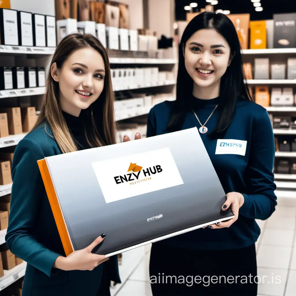 Two ladies in a store holding a big portfolio displaying Enzyhub