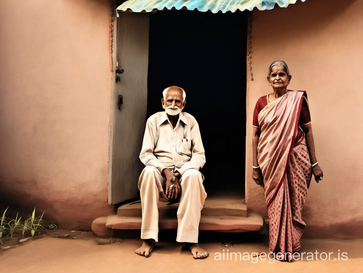 An elderly Indian couple in front of their small house