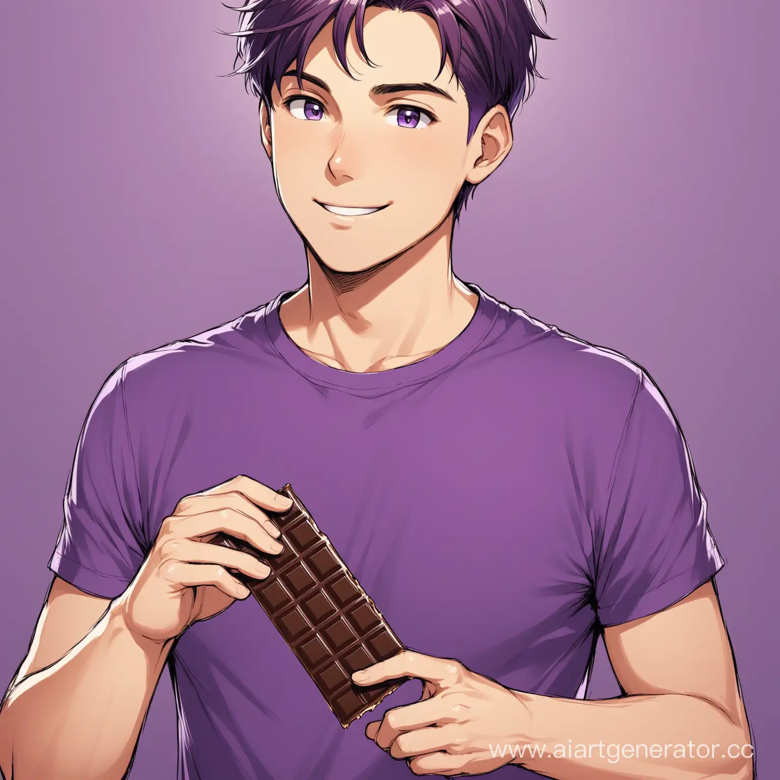 Young-Man-Holding-Chocolate-Bar-in-Purple-TShirt