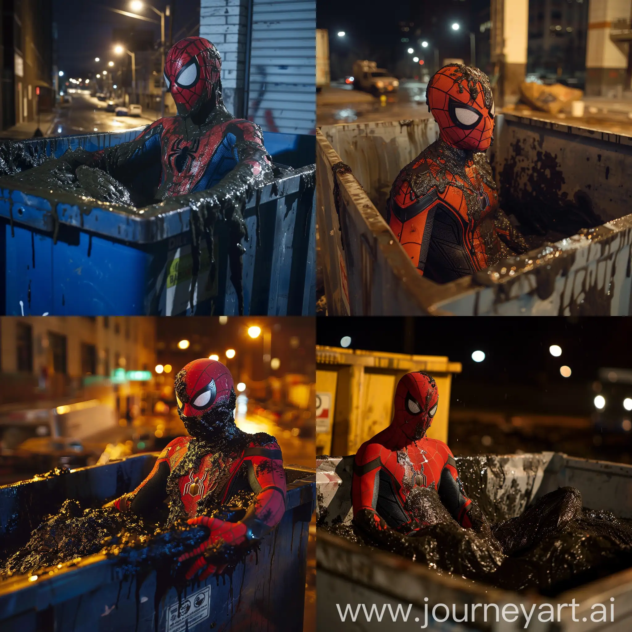 Spiderman-Covered-in-Tar-Passed-Out-in-a-Dumpster-at-Night