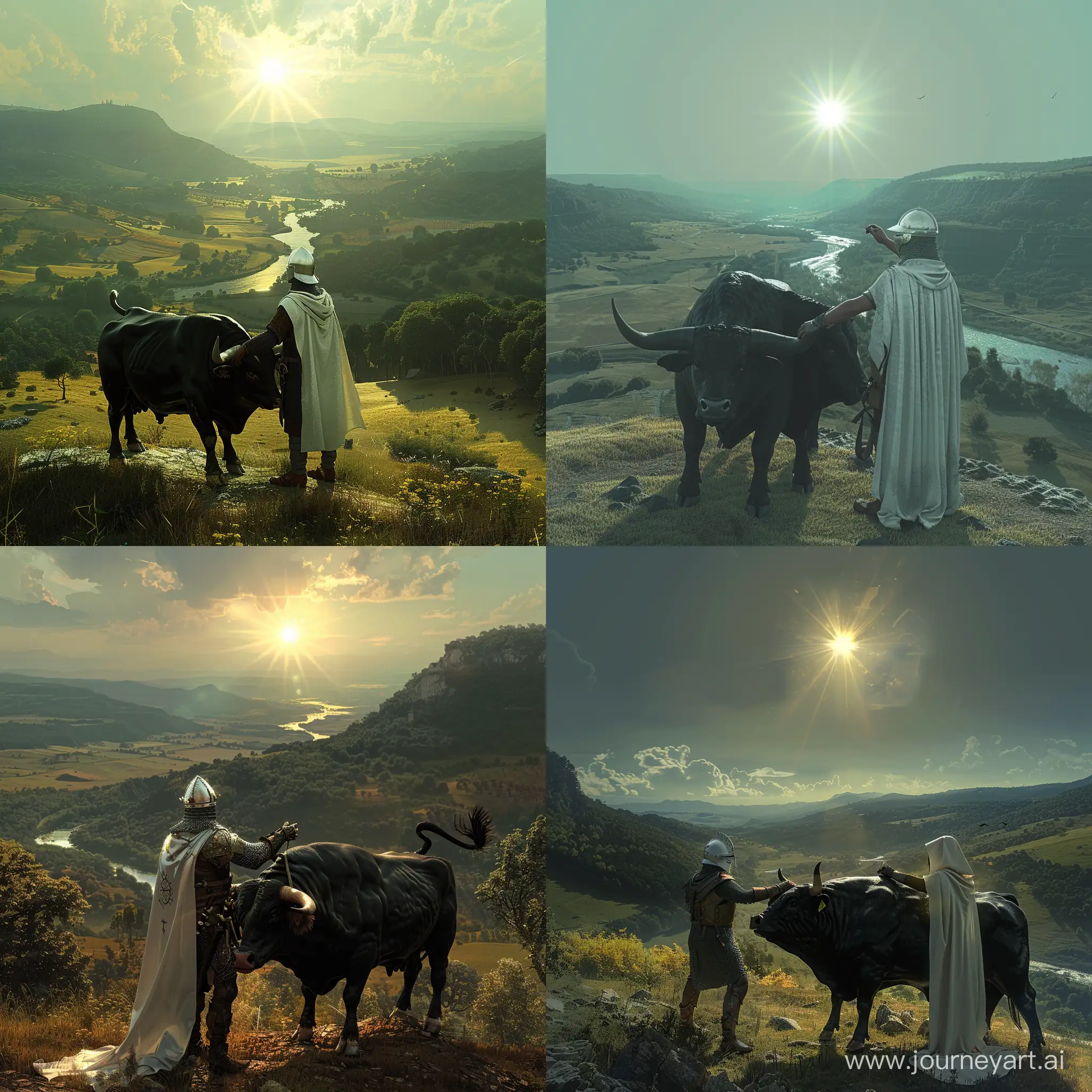 Knight-in-White-Cloak-Petting-Black-Bull-on-Hilltop-with-Sunlit-Valley