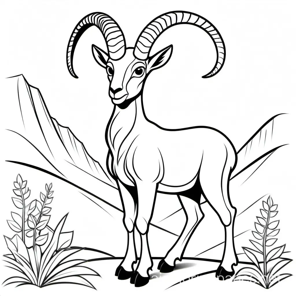 A cartoon illustration in black and white line art, of  an Ibex.  The style is cute Disney with soft lines and delicate shading. Coloring Page, black and white, line art, white background, Simplicity, Ample White Space. The background of the coloring page is plain white to make it easy for young children to color within the lines. The outlines of all the subjects are easy to distinguish, making it simple for kids to color without too much difficulty, Coloring Page, black and white, line art, white background, Simplicity, Ample White Space. The background of the coloring page is plain white to make it easy for young children to color within the lines. The outlines of all the subjects are easy to distinguish, making it simple for kids to color without too much difficulty