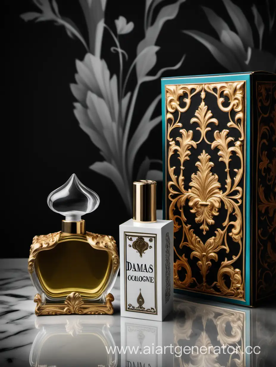 a bottle of damas cologne sitting next to a box, a flemish Baroque by Demetrios Farmakopoulos, instagram contest winner, dau-al-set, dynamic composition, contest winner, feminine