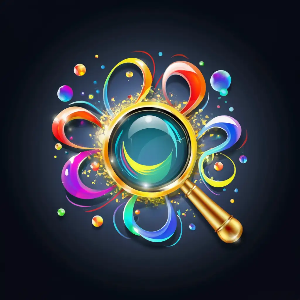 a logo design,with the text "How about a logo featuring a magnifying glass surrounded by swirling sparks or colorful bursts of light, symbolizing the idea of uncovering hidden truths and illuminating knowledge? This could convey the sense of excitement and discovery associated with your channel's content.", main symbol:magnifying glass,Moderate,clear background