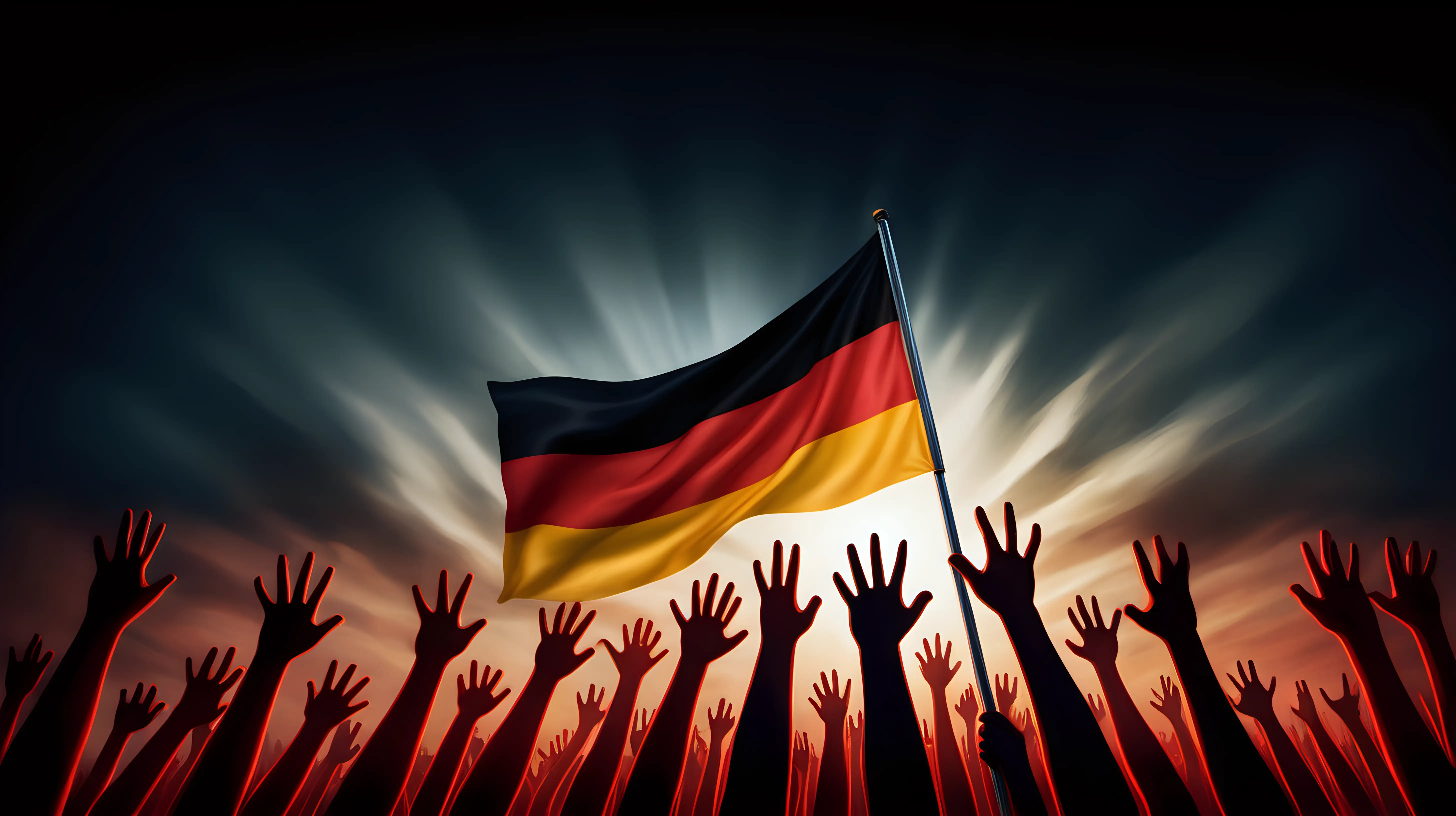 Illustrate a scene of national allegiance by capturing a person raising a glowing German flag with both hands, the vibrant illumination symbolizing their deep-rooted patriotism.