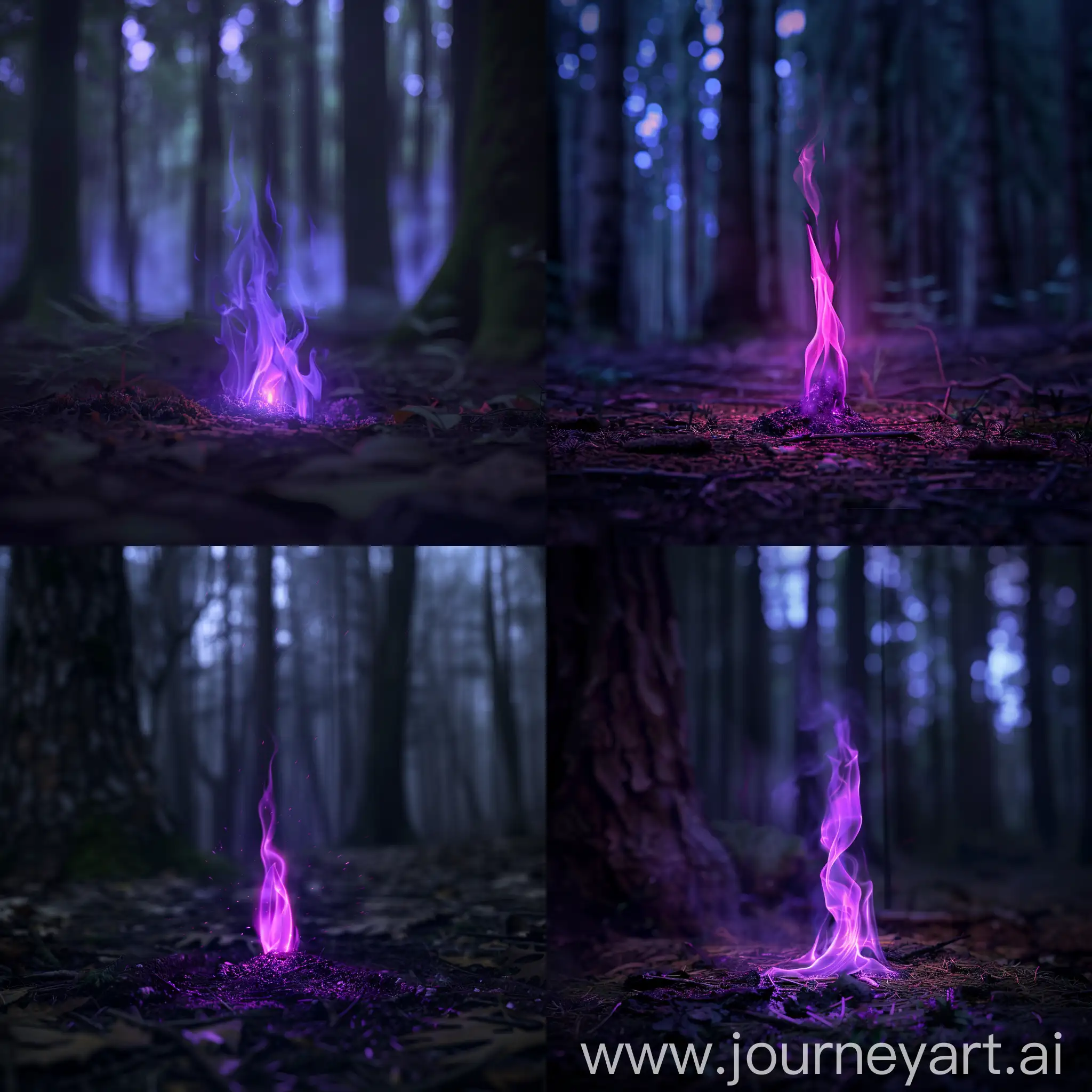 Violet flame in the dark forest, ultra realistic, hyper detailed. use sony a7 II camera with an 30mm lens fat F.1.2 aperture setting to blur the background and isolate the subject. use distinctive lighting on the subjects shot. The image should be shot in ultra-high resolution. --v 6