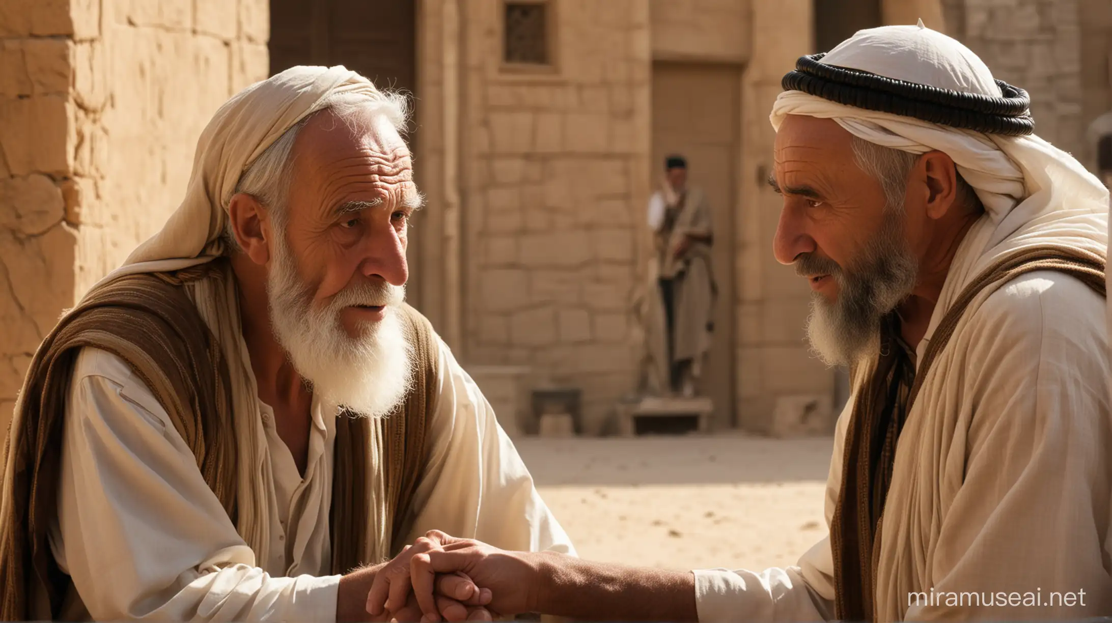 An old man talking to a young man . set in the Middle East during the era of the Biblical Abraham.