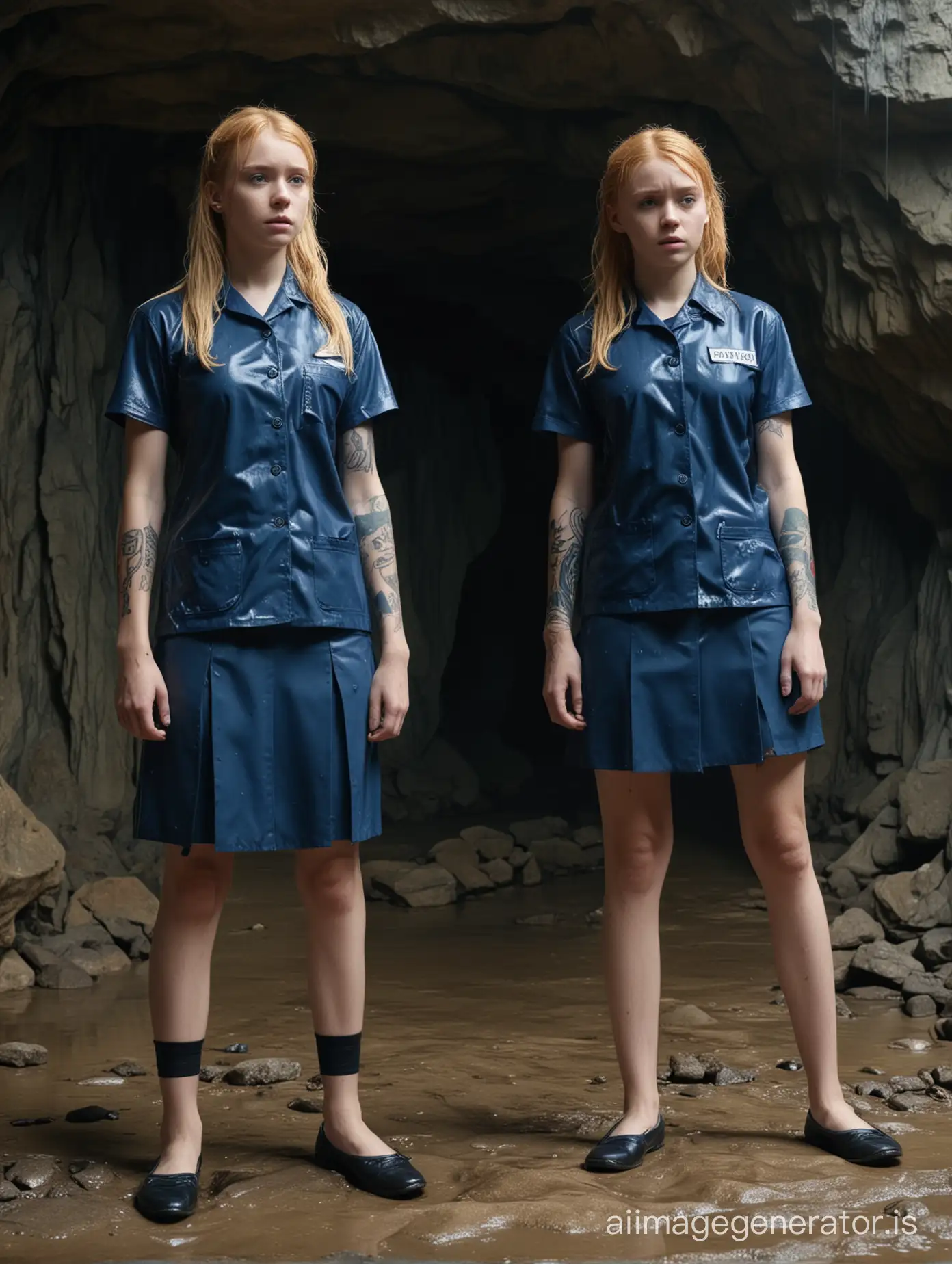 Two young Girls in wet Blue School uniform, bodies are tattooed, one girl 1 is Blonde, other girl 2 is Ginger, stand in pain and suffer before the cave entrance, 4K resolution, studio quality, --chaos 30, --s 300, --weird 1000