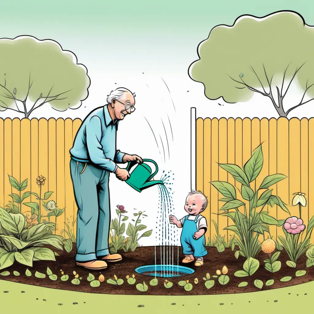 simple cartoon drawing of grandad and baby watering the garden coloured background