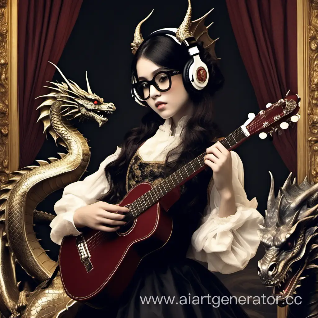 музыка наушники книги аристократия классический костюм музей театр девушка с тёмными волосами чёрный цвет гитара дракон очки