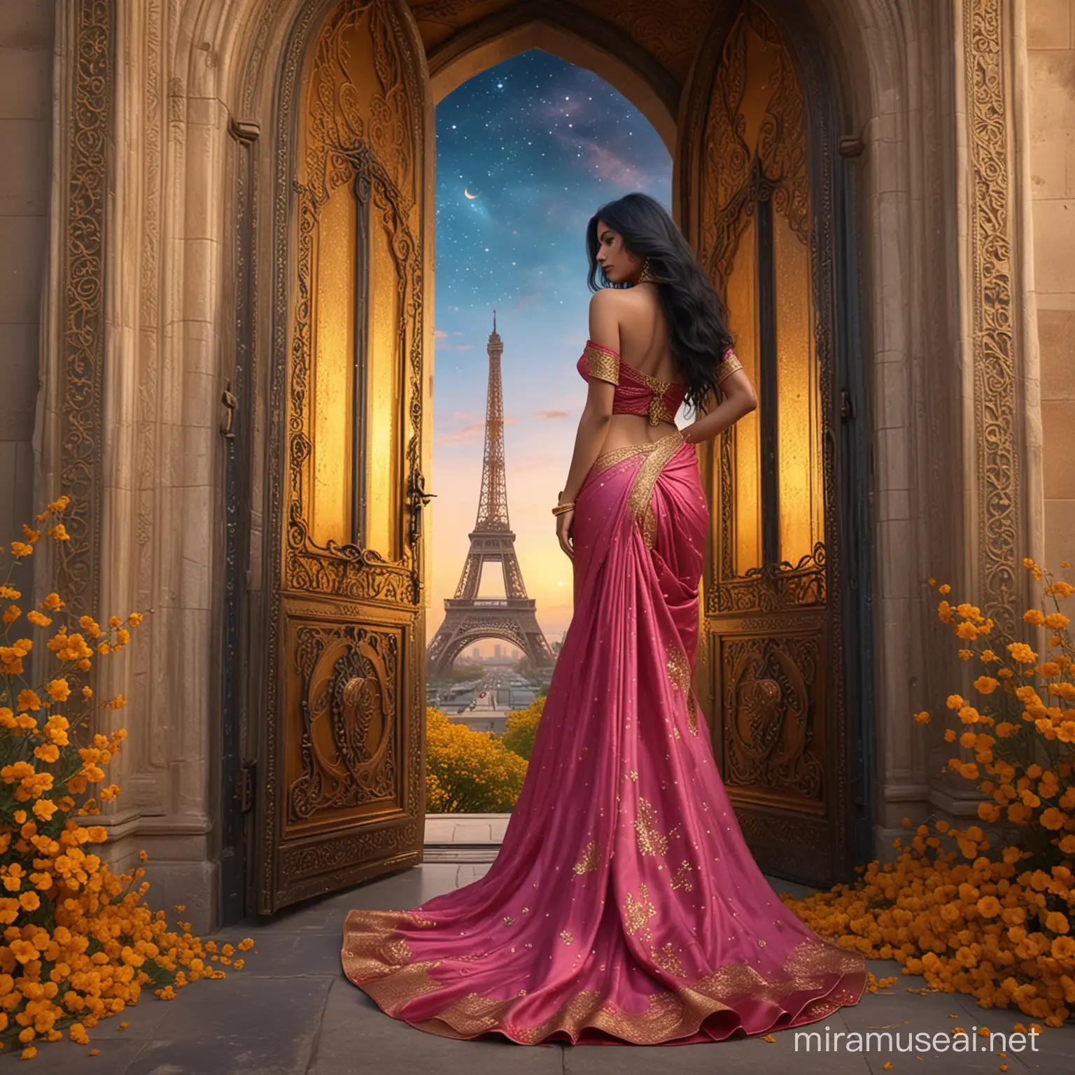 A beautiful woman, from behind, standing up on dark yellow flowers, under an opened golden arabian door. Long wavy black hair. Elegant long dark red and blue sari dress, haute couture, sari tissu. Background dark pink sky with golden  nebula. Background tower effel. Focus the huge golden arabian door. 8k, fantasy, illustration, digital art, illustration art, fantasy art, fantasy style