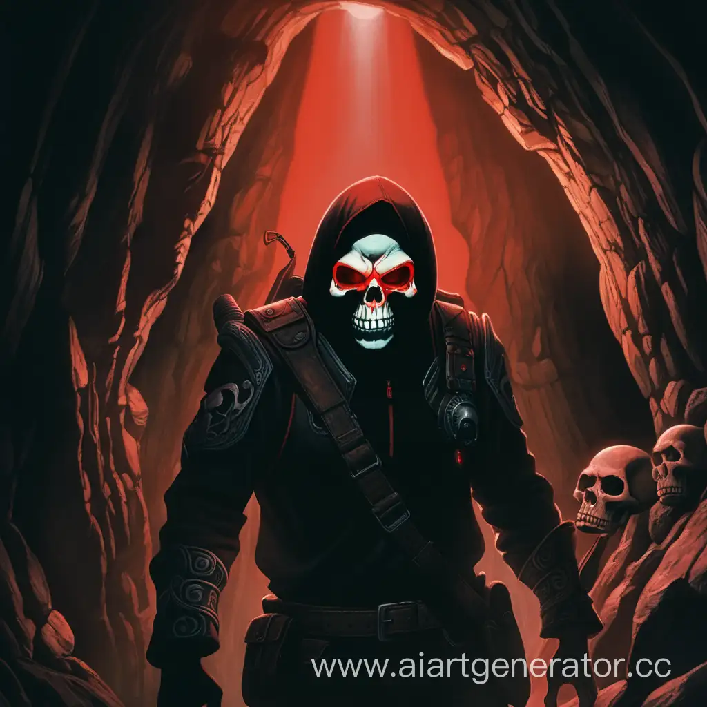 Пещера, вооруженный человек скрытый темнотой, его маска похожа на череп, глазницы излучают красный свет