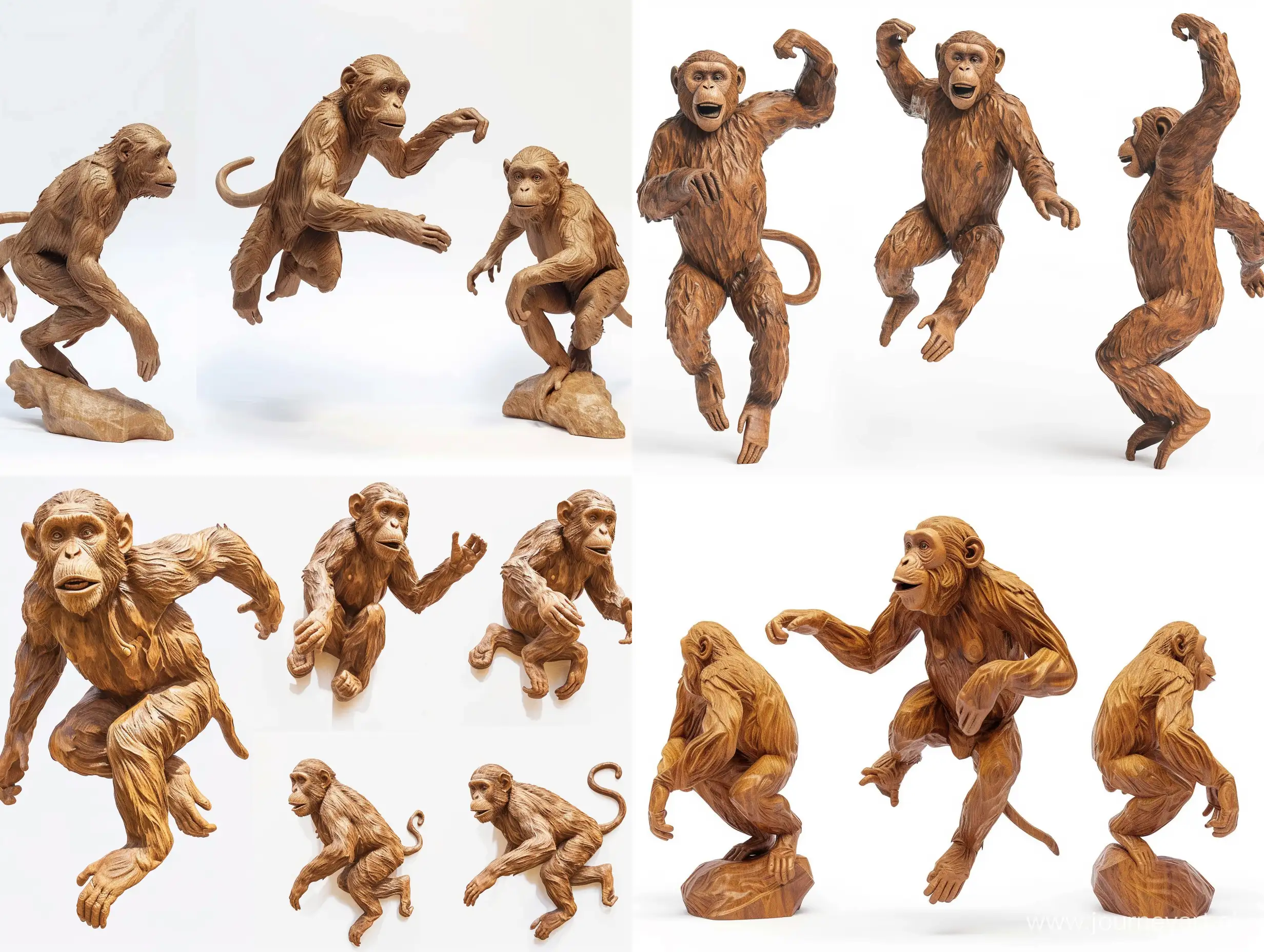 Professional sketch for wooden sculpture, a full-length Macaca fuscata jumping full-face and in profile, professional dynamic character, front back view and side view, wood carving, white background, 8k Render, ultra realistic