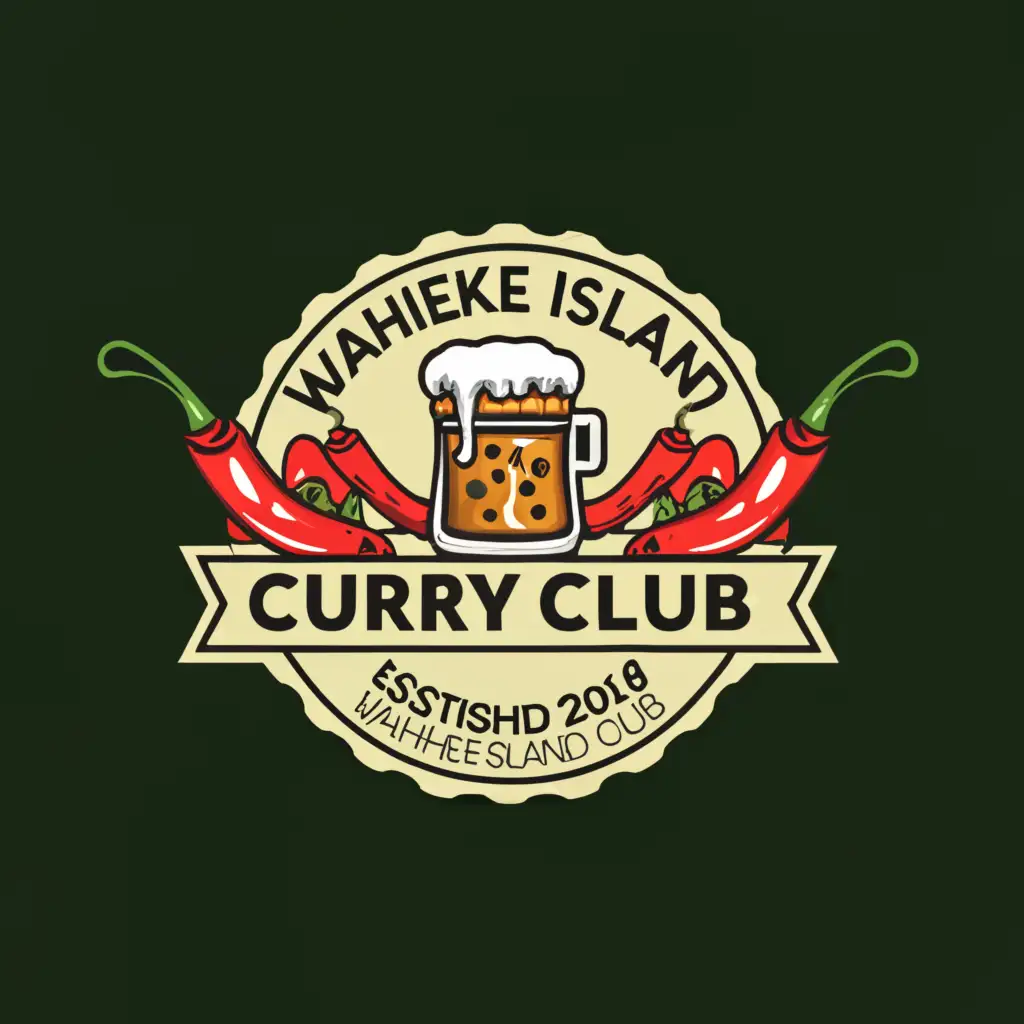 a logo design,with the text "Waiheke Island Curry Club (est. 2018)", main symbol:beer,  red chilli, coolers of the Indian flag, Taj Mahal, green chilli, ,Moderate,be used in Travel industry,clear background